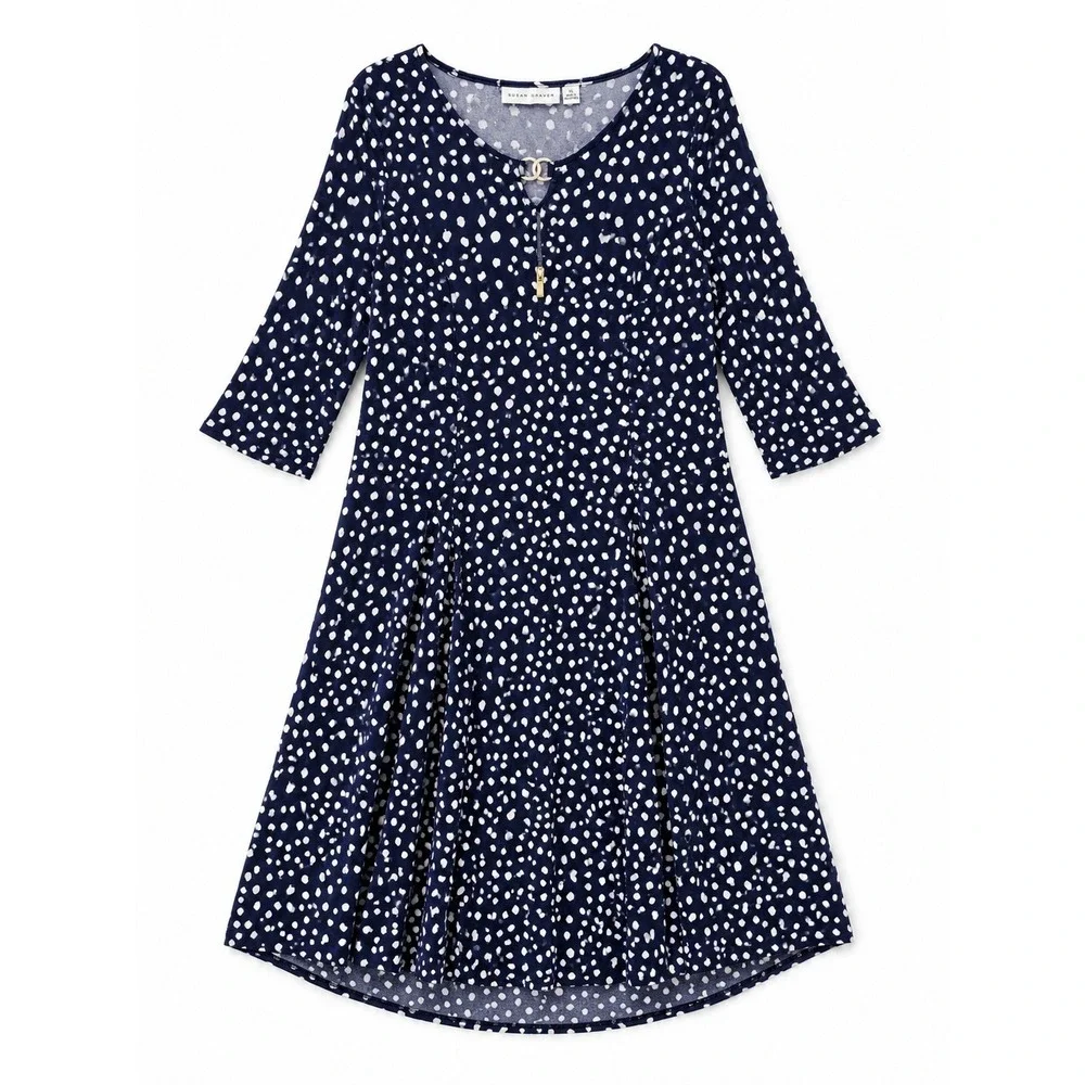 Susan Graver Navy Blue Polka Dot Fit and Flare Dress XL Liquid Knit 3/4 Sleeve